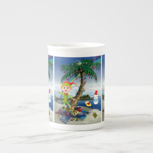 Christmas Mug, Beach Bum Santa, Merry Christmas Bone China Mug (Front)