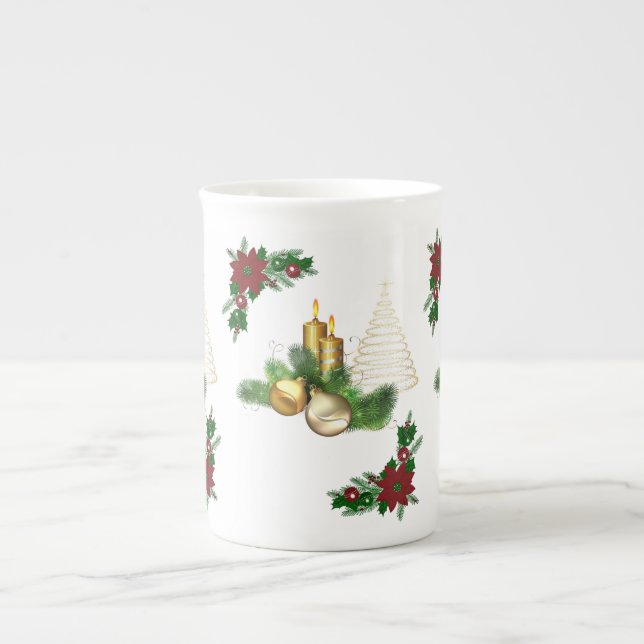 Christmas Mug, Christmas Gold Candle Bone China Mug (Front)