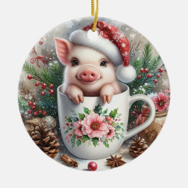 Christmas Mug Pig Ceramic Tree Decoration (Front)