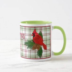 Christmas Mug -Red Cardinals on Green Plaid - 2015