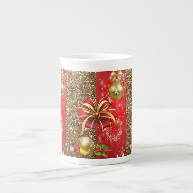 Christmas Mug, Red Gold Bow Bone China Mug (Front)