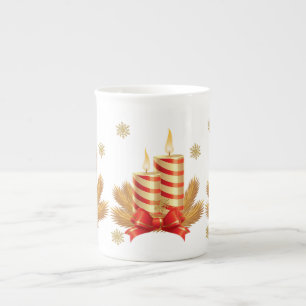 Christmas Mug, Red Gold Christmas Candle Bone China Mug