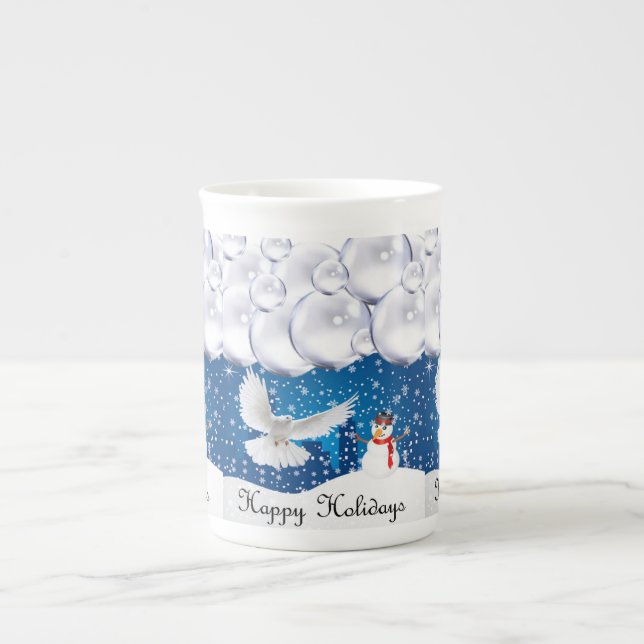 Christmas Mug, Snowman, Happy Holidays Bone China Mug (Front)