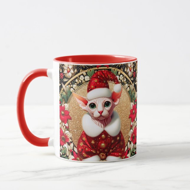 Christmas Mug Sphynx Cat Santa Elf (Left)