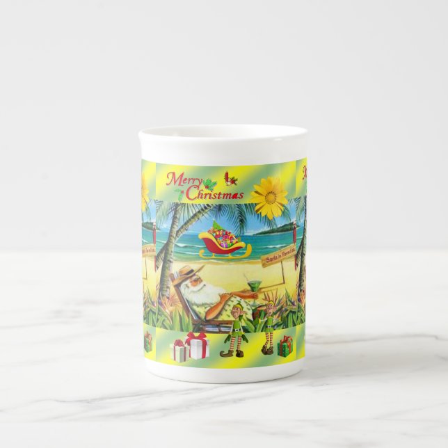 Christmas Mug, Summer Beach Bum Santa Bone China Mug (Front)
