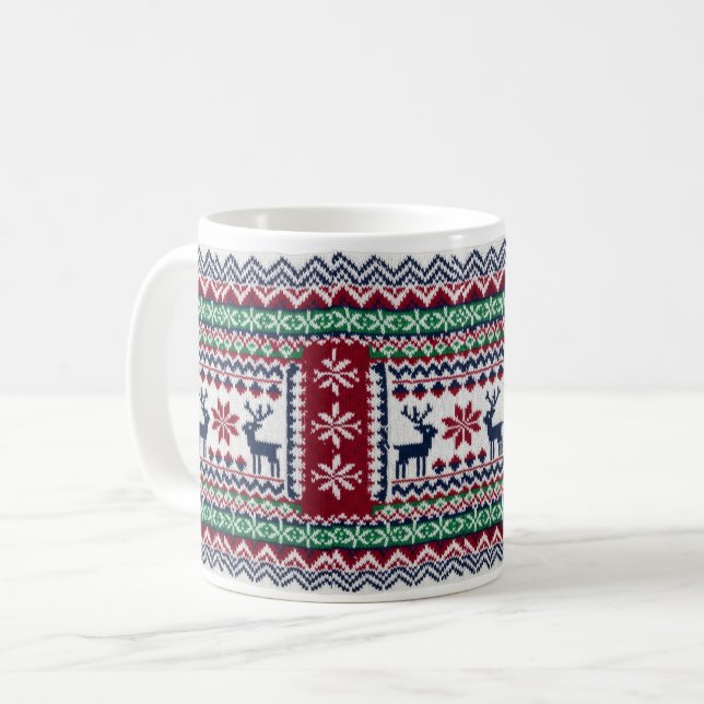 Christmas mug Traditional deer and snow stars desi (Front Left)