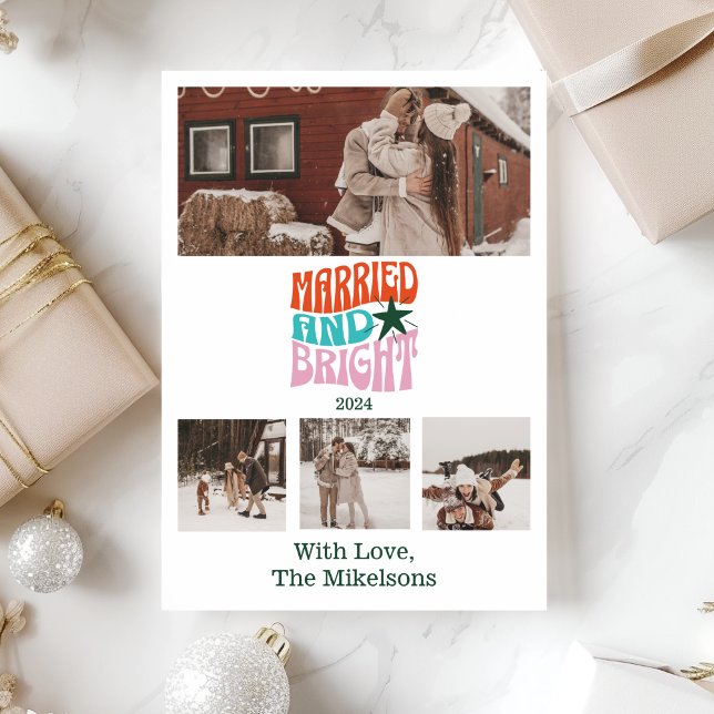 Christmas Multi Photo Married and Bright  Holiday Card (Creator Uploaded)
