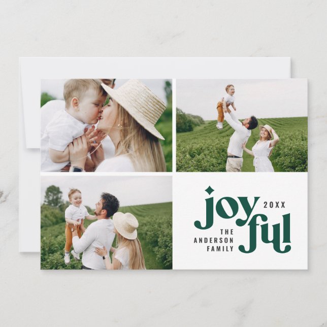 Christmas multi photo modern green typography holiday card (Front)
