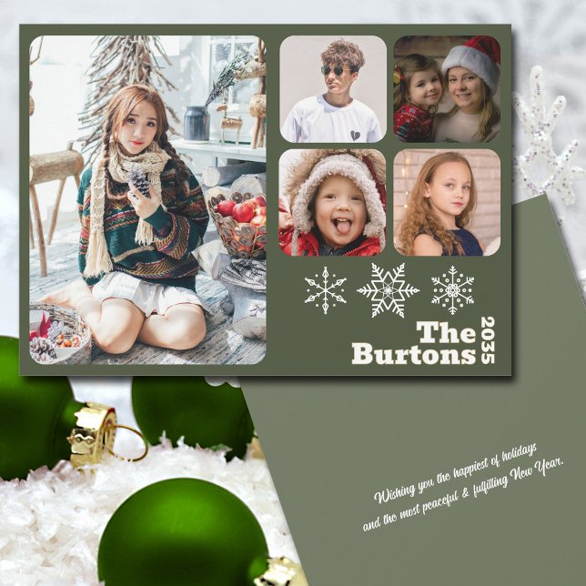  Christmas Multi Photo Snowflake Sage Green Holiday Card (Multi-photo greeting card with a simple modern  holiday design  that will let your fave pics shine.)