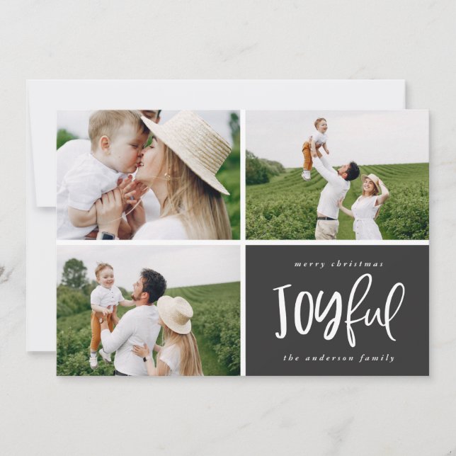 Christmas multi three photo family modern joyful holiday card (Front)