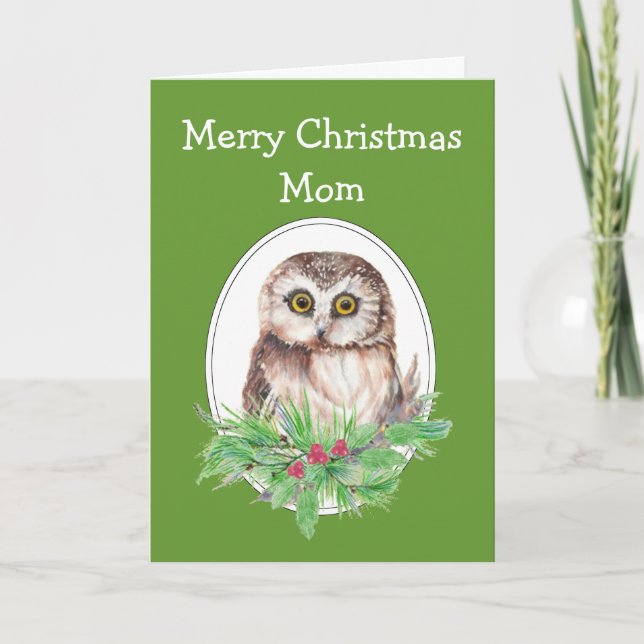 Christmas Mum Cute Owl Bird Holly and PIne Holiday Card (Front)