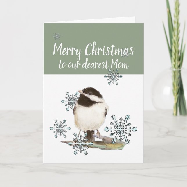 Christmas Mum from us Snow Cute Chickadee Bird Holiday Card (Front)