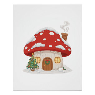 Christmas Mushroom Cottage Snowy Poster