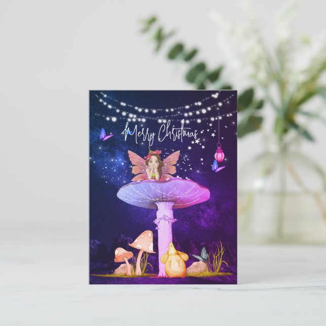 Christmas Mushroom Fantasy Fairy Stars Purple Postcard (Standing Front)
