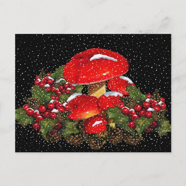 Christmas Mushroom, Toadstools, Snow, Holly Holiday Postcard (Front)