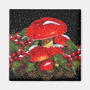 Christmas Mushroom, Toadstools, Snow, Holly Magnet