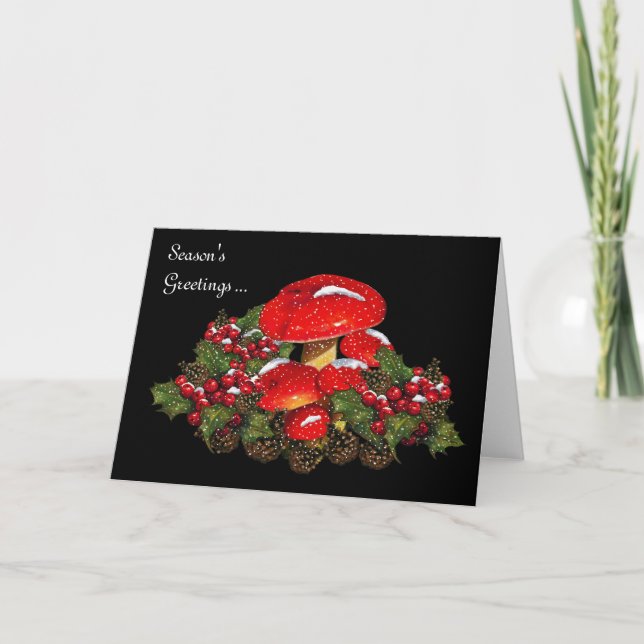 Christmas Mushrooms on Black, Snow, Holly, Pine Holiday Card (Front)