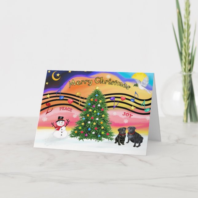 Christmas Music 2 - Pugs (two black) Holiday Card (Front)