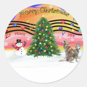Christmas Music 2 - Siberian Husky (two red) Classic Round Sticker