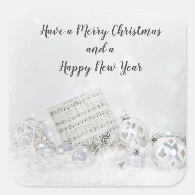Christmas music and ornaments in sparkling snow square sticker (Front)