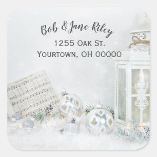 Christmas music and ornaments in sparkling snow square sticker