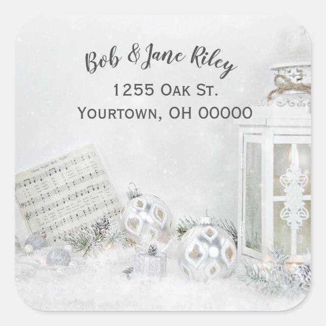 Christmas music and ornaments in sparkling snow square sticker (Front)