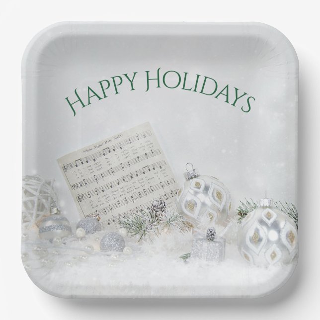 Christmas Music And Silver Ornaments Paper Plate (Front)