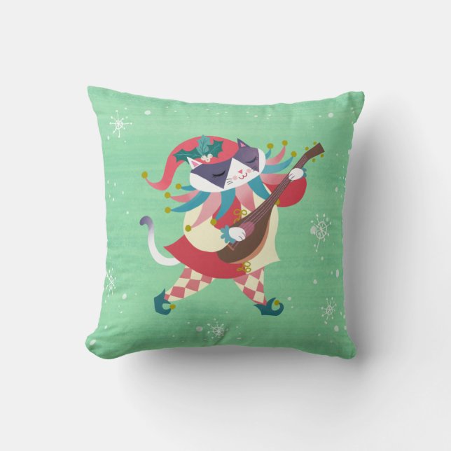 Christmas Music Elf Cat Throw Pillow (Front)