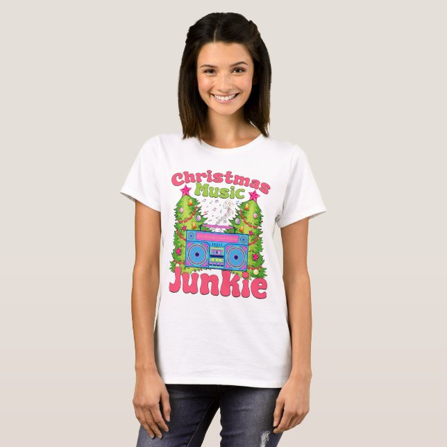 Christmas Music Junkie 80's Retro Cassette Player  T-Shirt (Front Full)