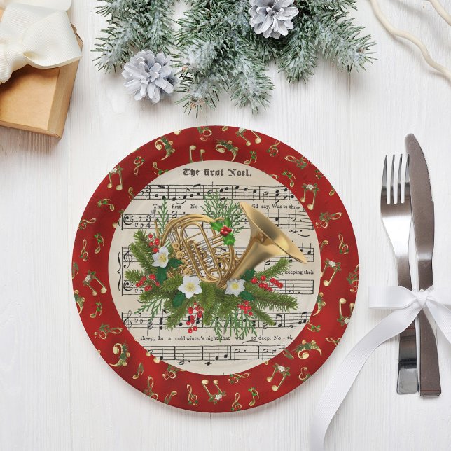 Christmas Music Notes French Horn Red Paper Plate (Creator Uploaded)