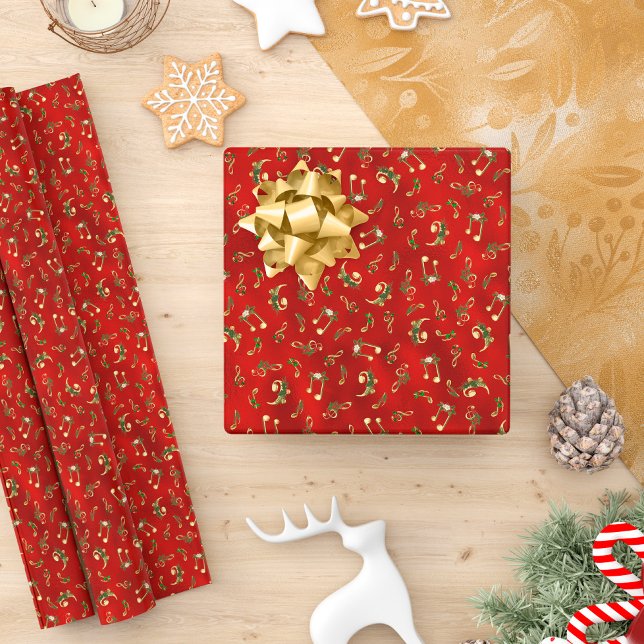 Christmas Music Notes Red Metallic Holiday Wrapping Paper (Creator Uploaded)