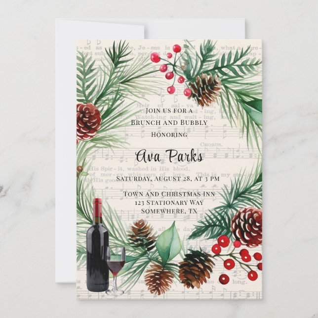 Christmas Music Red Berry Wreath Brunch and Bubbly Invitation (Front)