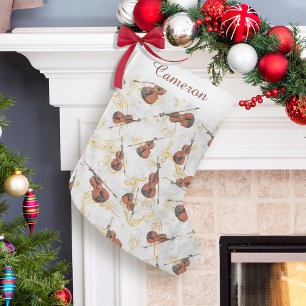 Christmas Music Violins Gold Musical Notes Name Small Christmas Stocking