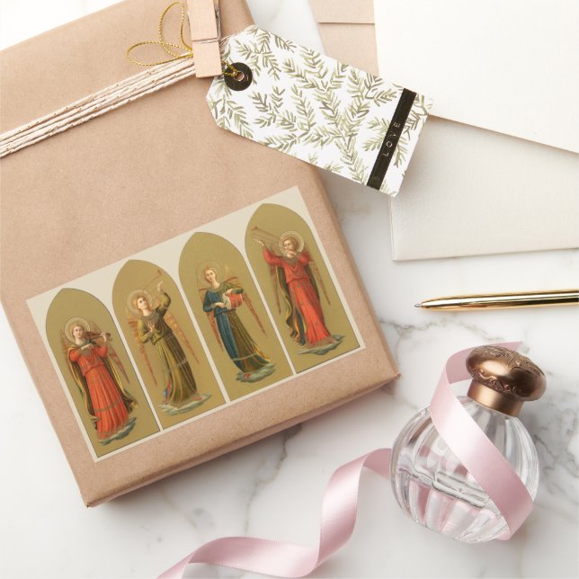 Christmas Musician Angels, Vintage Renaissance Rectangular Sticker (Gifting)