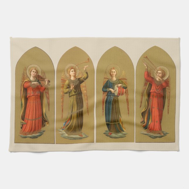 Christmas Musician Angels, Vintage Renaissance Tea Towel (Horizontal)