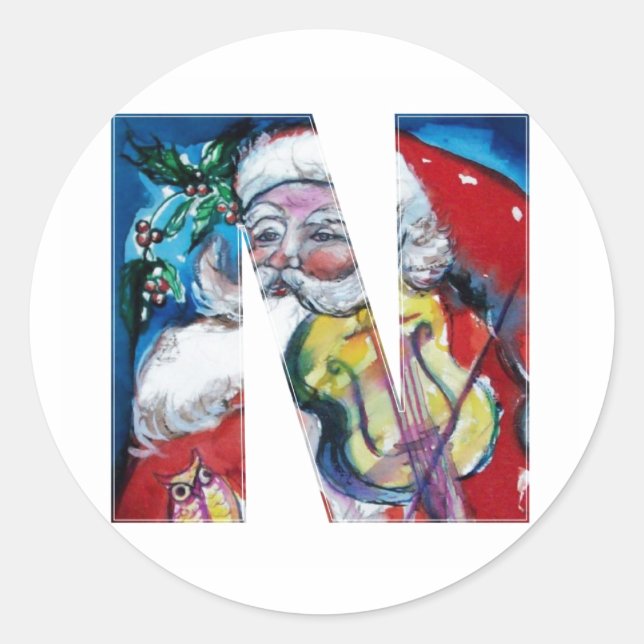 CHRISTMAS N LETTER  / SANTA WITH VIOLIN MONOGRAM CLASSIC ROUND STICKER (Front)