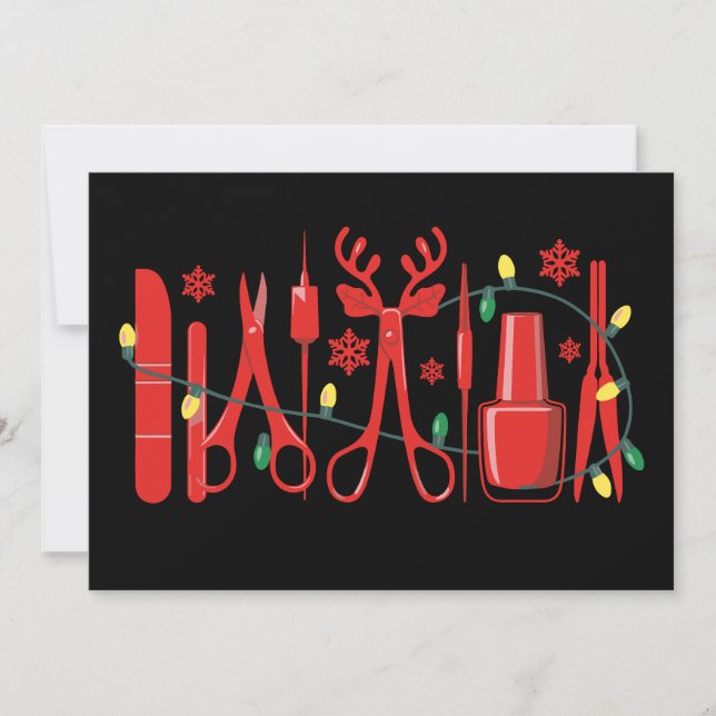 Christmas Nail Tech Tools Reindeer Antlers Lights Invitation (Front)