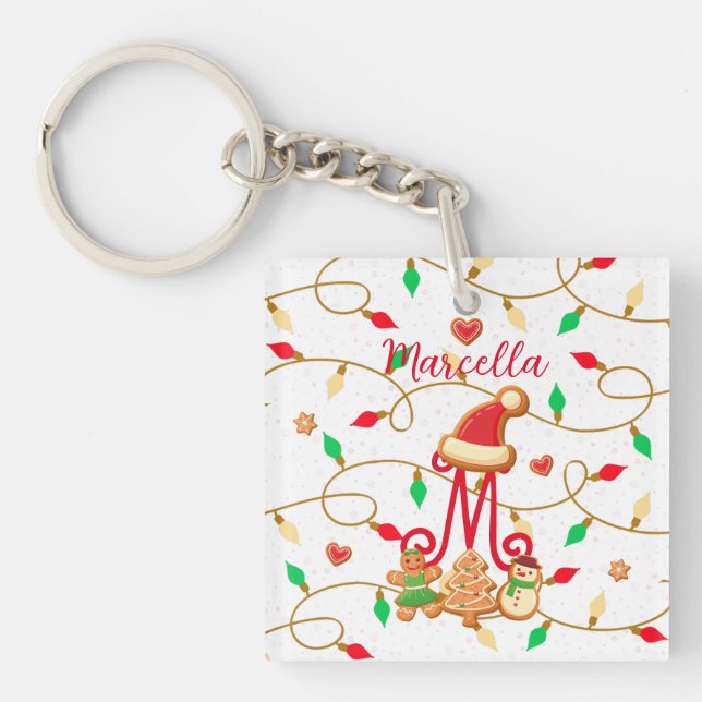 Christmas Name Monogram Custom Gingerbread Red Key Ring (Front)