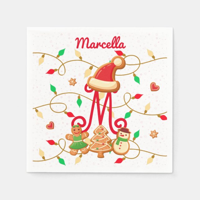 Christmas Name Monogram Custom Gingerbread Red Napkin (Front)
