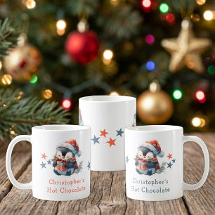 Christmas name penguin blue hot chocolate mug