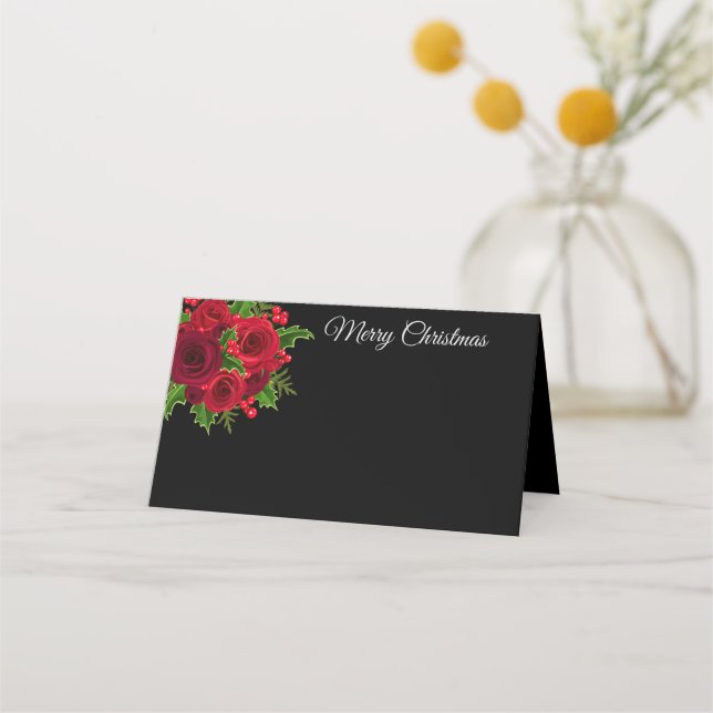 Christmas Name Place Card-Red Roses Place Card (Front)