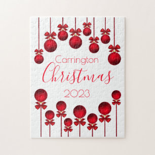Christmas Name Year Red Ornaments Ribbons Script Jigsaw Puzzle
