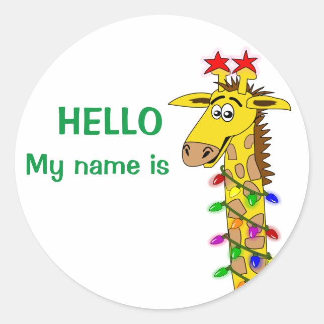Christmas Nametag Stickers Funny Giraffe w/ Lights (Front)