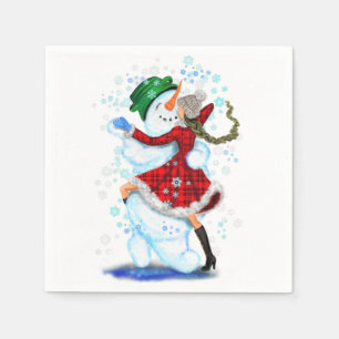 Christmas Napkins Happy Snowman and Girl Dance
