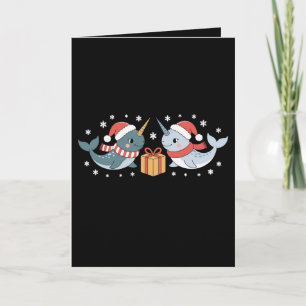 Christmas Narwhal Santa Hat Scarf Snowflakes Xmas Card