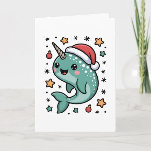 Christmas Narwhal Santa Hat Stars Ornament Sea Card