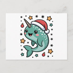 Christmas Narwhal Santa Hat Stars Ornament Sea Holiday Postcard