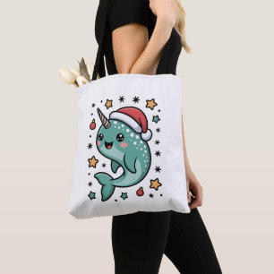 Christmas Narwhal Santa Hat Stars Ornament Sea Tote Bag