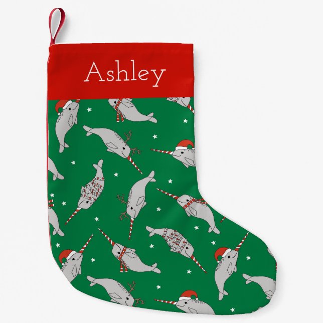 Christmas Narwhals Cute personalised Small Christmas Stocking (Front)