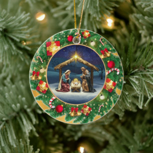 Christmas Nativity Baby Jesus in Manger Scene Ceramic Tree Decoration